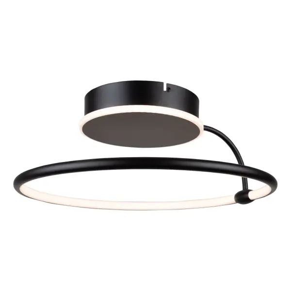 The Halo collection of semi flushmounts are all unique in their own ways. This model is finished in a semi gloss black. It has a thin arm that gives the illusion of a floating bottom ring. Both the main bottom ring and the canopy light up with bright energy efficient LEDs. - alternate view