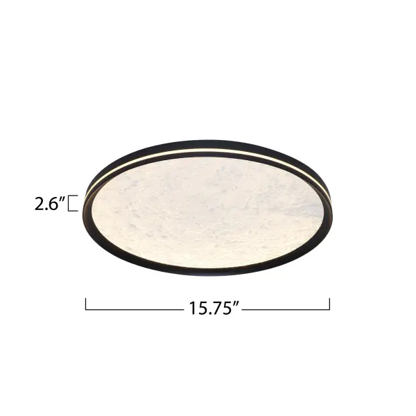 This LED flushmount from the Luna Collection is a celestial masterpiece, blending modern elegance with cosmic allure. Its black frame cradles a textured “moon crater” lens, through which a soft, glittering glow emanates, evoking the magic of starlit skies. A subtle side cutout allows ambient light to gracefully spill onto the ceiling, creating a halo-like effect that transforms any space into a serene sanctuary. The frame of this flushmount is black.