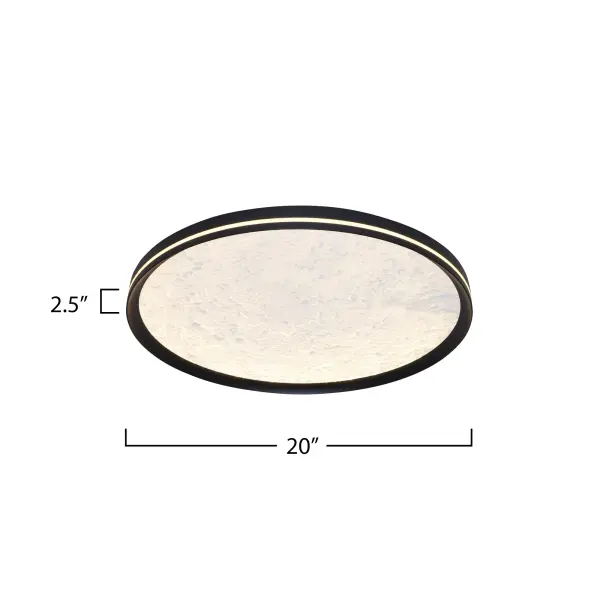 This LED flushmount from the Luna Collection is a celestial masterpiece, blending modern elegance with cosmic allure. Its black frame cradles a textured “moon crater” lens, through which a soft, glittering glow emanates, evoking the magic of starlit skies. A subtle side cutout allows ambient light to gracefully spill onto the ceiling, creating a halo-like effect that transforms any space into a serene sanctuary. The frame of this flushmount is black.