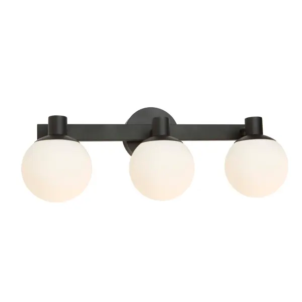 The Tilbury collection of LED illuminated vanities features a semi gloss black frame with circular opal white glassware. This unit is energy efficient. 3 light model shown.