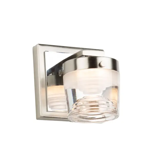 Brushed & Polished Nickel The “Newbury” collection transitional bathroom vanity features a plated polished nickel frame that holds a unique type of glass. The clear glass actually has interior steps upward and downward which are illuminated by bright LEDs. (The upper part of the glass steps is frosted on the interior; bottom steps are clear).