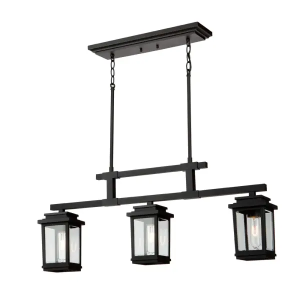 The “Freemont” collection of exterior chandeliers is clean and precise. This 3 light linear chandelier features clear glassware. This “Freemont” collection has a 25 year limited warranty on corrosion and 5 year limited warranty on premature paint defect. Shown in Black and also available in Oil Rubbed Bronze