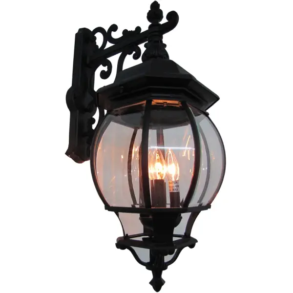 Classico European styled wall mount exterior fixture with clear glassware in black finish