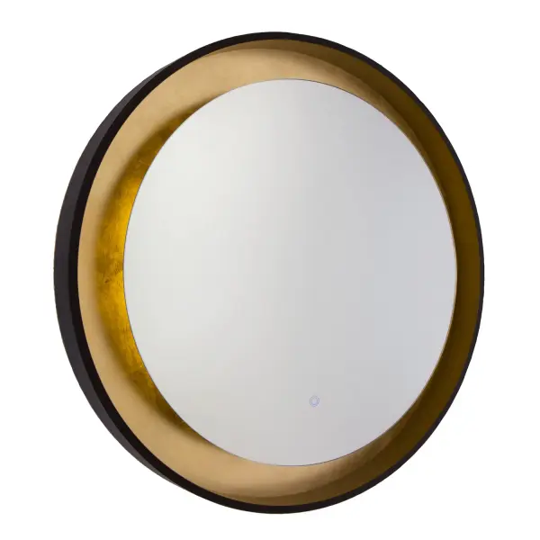Reflections AM304 Mirror The "Reflections Collection" mirrors feature LED lighting built in. The LED is controlled by a small ON/ OFF switch which is on the mirror (the switch also allows control of the brightness). This model is two tone - The exterior is oil rubbed bronze and the interior is gold leaf. This mirrors LEDs backlight the gold leaf finish (so the LED is behind the mirror for