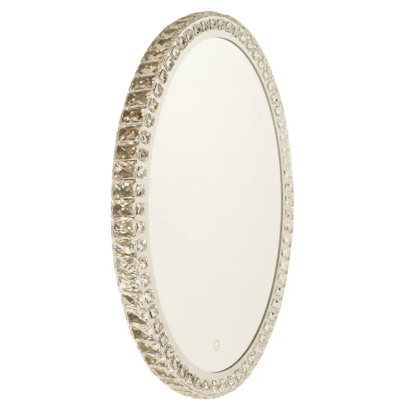 Reflections AM307 Mirror Hit the switch and bring your mirror to life. This LED mirror has a crystal frame. Features a smart touch dimmer switch for the exact amount of light desired. (Oval shape)