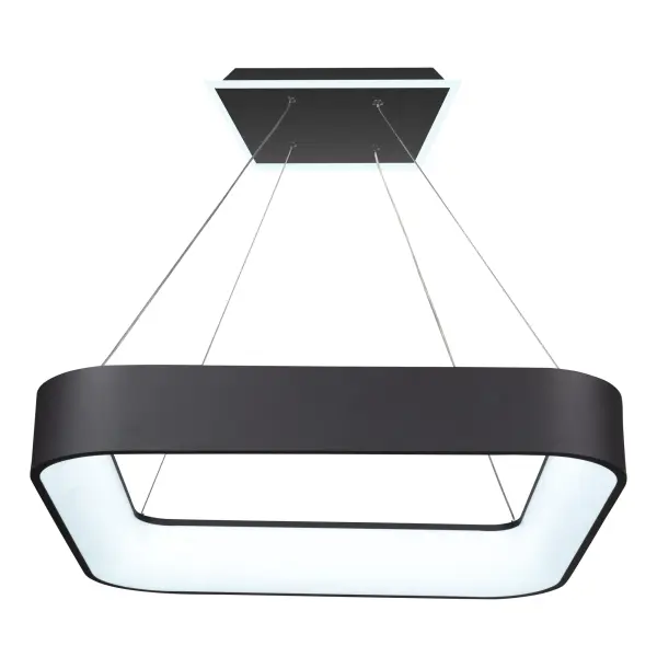 Lazio Collection Integrated LED Chandelier The Lazio collection is sleek and stylish from any angle. This pendant type chandelier has a square frame is finished in a semi matte black, and is illuminated by bright LED energy efficient technology. It is suspended by thin aircraft table adjustable cables. This model is equipped with a CCT switch with 5 levels of color temperature (3000/3500/4000/4500/5000)