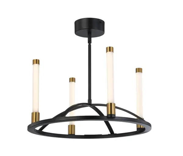 Infiniti Collection 4-Light Integrated LED Chandelier Matte Black & Brass The Infiniti Collection by Steven Sabados of the S&C design firm, is stunning and quite unique. The frame is a matte black and the candle sticks are illuminated by bright energy efficient LED which have brass accents on both ends. 4 light semi flushmount shown.