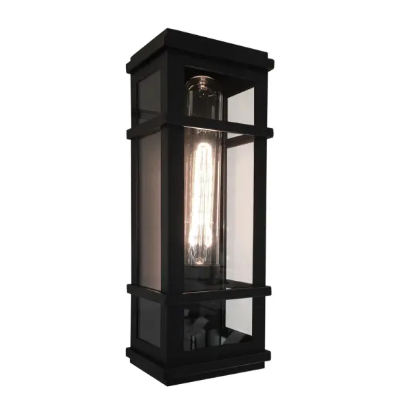 Granger Square 1 Light Black Outdoor Wall Light The “Granger Street” collection of modern exterior lighting designed by S&C, has clear glassware which is frame in its precise linear frame. Shown in black and available in stainless steel. (Warranty on Exteriors lighting is 5 years on premature paint defects and 25 years against corrosion and we use corrosion resistant copper screws).