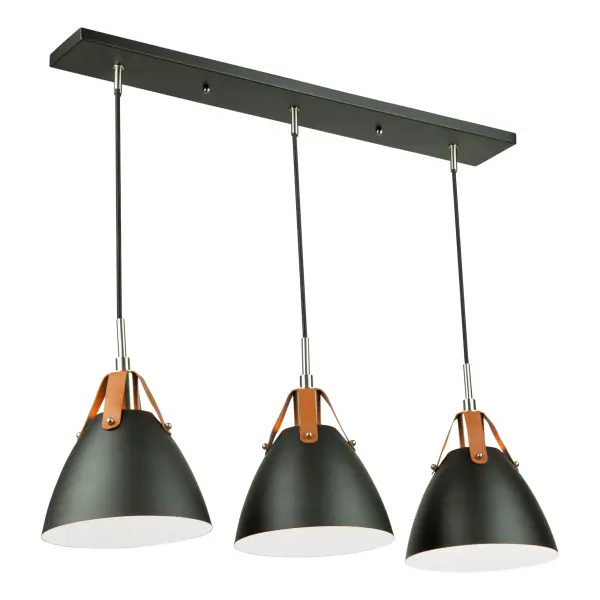 Tote 3 Light Island From designer Steven Sabados of S&C, the Tote collection is a definite fashion trend for your home or office décor. The matte black metal shades are suspended to the wiring with leather straps. The interior of the shades have a super reflective white finish for maximum light functionality. Two finishing touches for this design are the polished nickel accents, and the textile black wiring coverings.