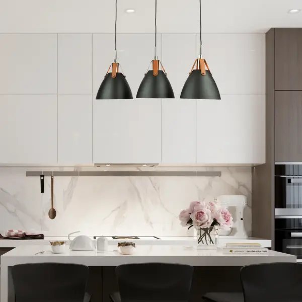 Tote 3 Light Island From designer Steven Sabados of S&C, the Tote collection is a definite fashion trend for your home or office décor. The matte black metal shades are suspended to the wiring with leather straps. The interior of the shades have a super reflective white finish for maximum light functionality. Two finishing touches for this design are the polished nickel accents, and the textile black wiring coverings. - alternate view