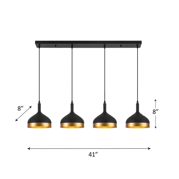 From the design house of Steven Sabados (S&C) is the Dash collection. Each model has textile height adjustable cables. The frame is finished in a matte black with a stunning gold trim the continues on the inside of the metal shades. The 4 light island is shown but comes as single pendants as well in two different sizes. (Glossy white with gold trim also available in all configurations)
