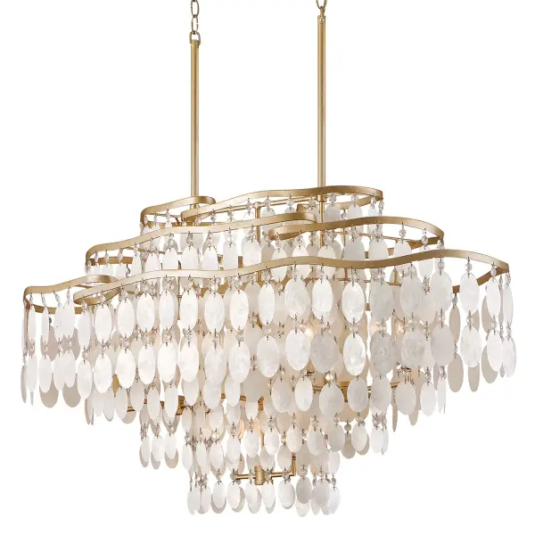 The Dolce brings organic coastal charm with hand-worked iron in champagne leaf finish and natural capiz shells paired with crystals. Its 42-inch linear form makes it perfect for dining tables and kitchen islands seeking sophisticated, nature-inspired illumination.