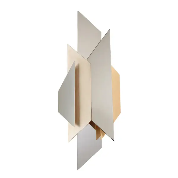 This striking two-light wall sconce combines polished stainless steel with hand-applied silver and gold leaf for a sophisticated, gallery-worthy aesthetic. The 30-inch vertical profile creates dramatic impact.