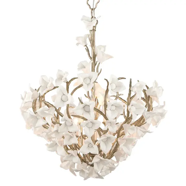 The Lily chandelier combines hand-crafted iron construction with delicate porcelain flower shades in a stunning gold leaf finish. Its organic design brings natural elegance to dining and living spaces.