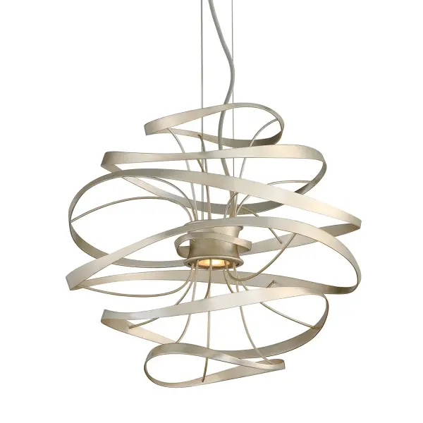 The Calligraphy chandelier transforms lighting into art with its flowing, script-inspired bands that appear to float around dual LED engines. Hand-crafted iron in silver leaf finish creates an airy, sophisticated presence perfect for contemporary spaces.