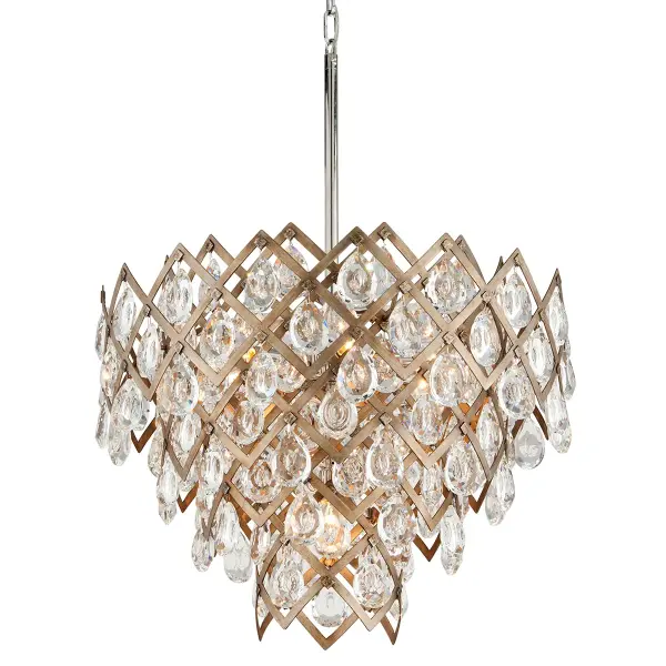 The Tiara chandelier combines traditional elegance with transitional versatility. Hand-crafted iron and stainless construction in Vienna Bronze finish paired with clear crystal creates sophisticated sparkle for formal spaces.