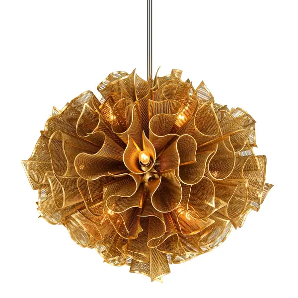 The Pulse chandelier transforms lighting into functional art with its delicate trumpet-shaped blooms and textural mesh-like surface. The hand-crafted iron construction and Gold Leaf finish deliver warmth and sophistication to contemporary interiors.