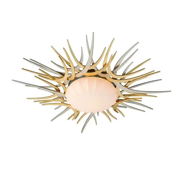 The Helios LED Flush Mount combines artisanal metalwork with energy-efficient LED technology. Its 27-inch diameter and mixed metal leaf finish create a sophisticated focal point for medium to large spaces.