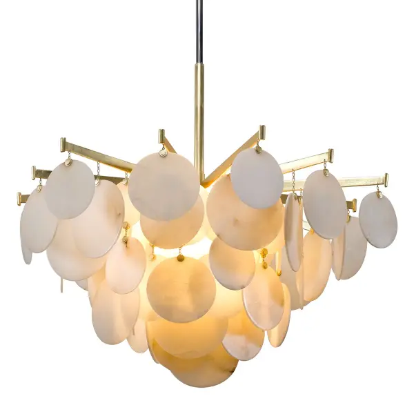 A stunning 40-inch wide chandelier featuring hand-crafted aluminum in gold leaf finish with natural stone elements. This oversized fixture makes a bold architectural statement in grand spaces with high ceilings.