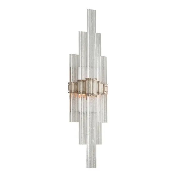 The Viola wall sconce combines handcrafted iron with authentic Venetian glass for a refined, transitional aesthetic. Its warm silver leaf finish adds subtle luxury while the compact 7-inch width fits narrow spaces beautifully.