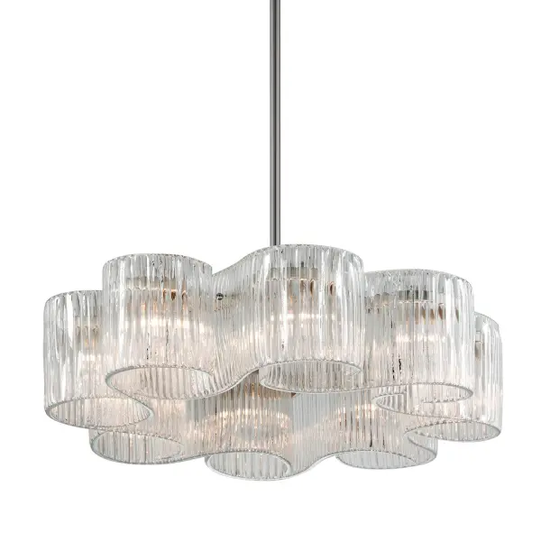 The Circo chandelier combines hand-crafted iron and stainless steel with clear Venetian glass for a sophisticated contemporary statement. Its 33-inch diameter makes it versatile for medium to large spaces.