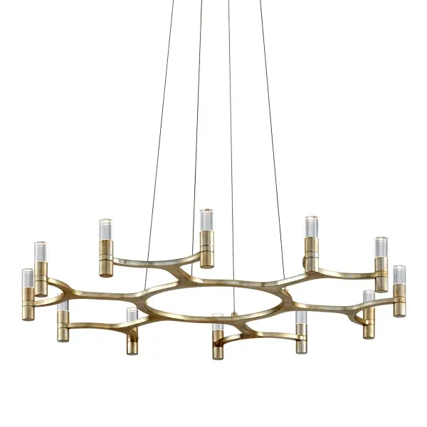 The Nexus LED Chandelier combines contemporary design with energy-efficient integrated LED technology. Its 38-inch linear profile and warm silver leaf finish create a sophisticated focal point for modern dining spaces.