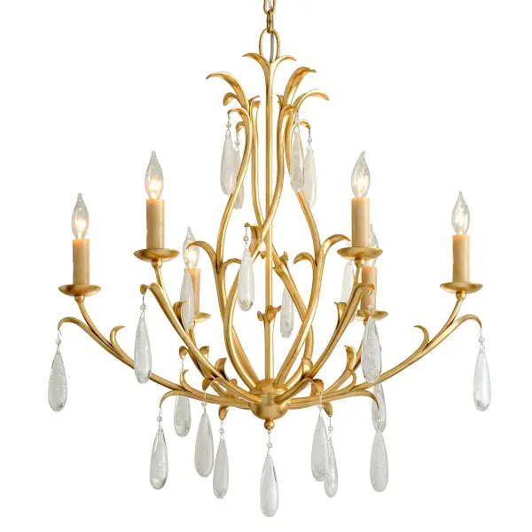 The Prosecco chandelier combines hand-crafted iron construction with distinctive white meteorite glass shades, creating a sophisticated focal point. Its gold leaf finish adds warmth and luxury to any space.