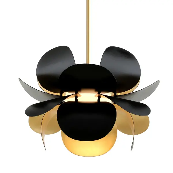 The Ginger chandelier combines hand-crafted iron construction with a luxurious gold leaf finish and opal white glass shade. Its compact 17.75" diameter makes it perfect for intimate dining spaces and smaller rooms.