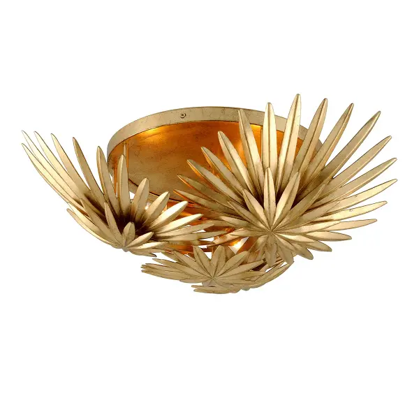 The Savvy semi-flush mount brings organic elegance to low-ceiling spaces with its hand-crafted palm frond layers that create visual intrigue while diffusing light. The vintage gold leaf finish adds warmth and sophistication.