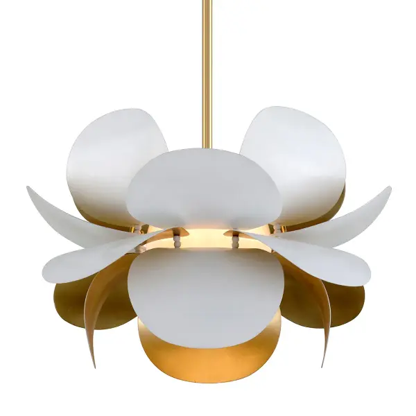 The Ginger chandelier combines hand-crafted iron with a luxurious gold leaf finish and opal glossy glass. Its organic, sculptural form brings warmth and sophistication to dining and living spaces.