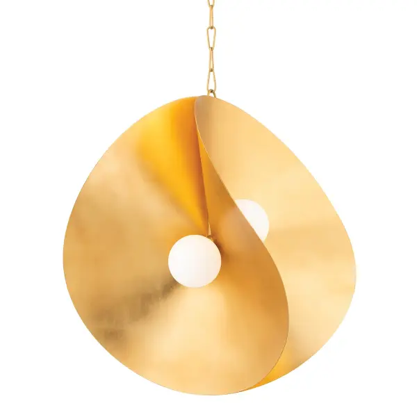 The Peony LED Pendant transforms any space with its dramatic 30-inch spherical design featuring handcrafted gold leaf wrapping opal glass globes. Designer Justin Crocker's organic aesthetic creates a luxurious focal point that balances bold presence with soft, diffused illumination.