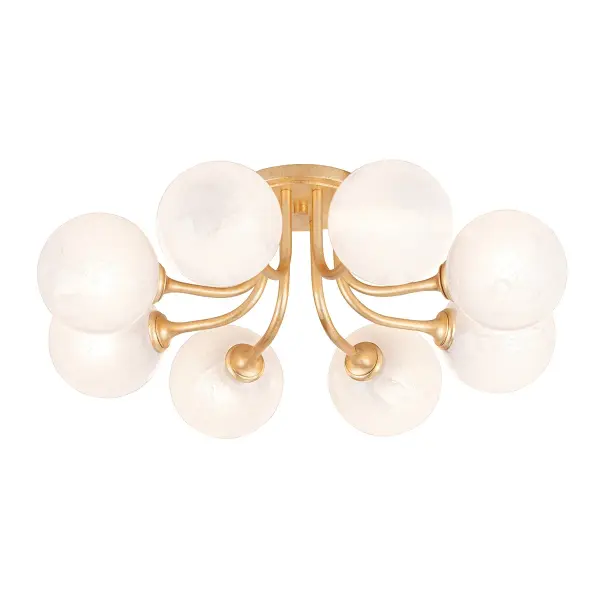 The Onyx semi-flush mount combines sculptural curved arms with etched opal glass globes for a sophisticated, airy aesthetic. The vintage gold leaf finish adds warmth and character, while LED technology provides energy-efficient illumination.