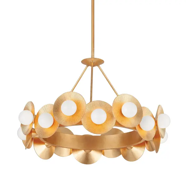 The Emerald LED Chandelier combines hand-crafted vintage gold leaf plates with opal glossy shades to create a mesmerizing glow. Its radial pattern catches and reflects light beautifully, making it a statement piece for any sophisticated space.