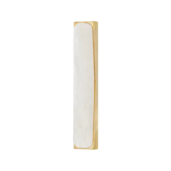 The Millie LED vanity light combines clean contemporary design with the organic beauty of Spanish alabaster. Its minimalist brass frame showcases the natural stone, which glows warmly when lit, creating an inviting ambiance perfect for modern bathrooms.