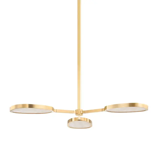 The Patras combines vintage brass warmth with natural alabaster for a refined, low-profile chandelier. Its 38.5-inch span and integrated LED technology make it ideal for spaces needing ambient lighting without pendant drop.