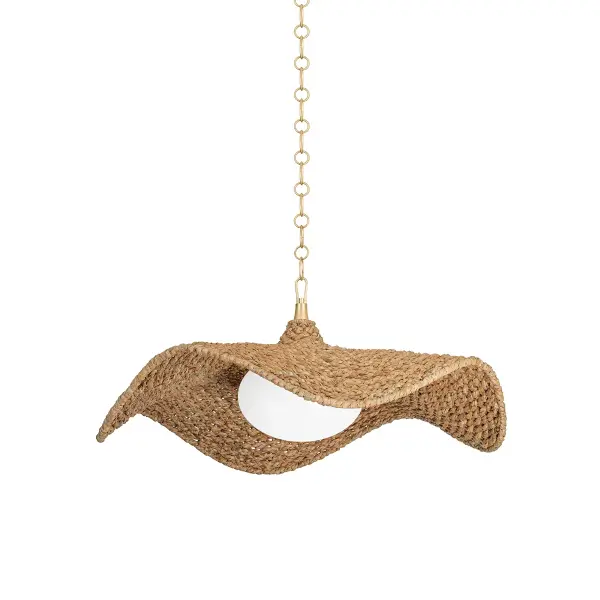 The Levene chandelier brings dramatic scale and organic texture to large spaces. Its oversized Abaca rope shade creates beautiful light diffusion while the vintage gold leaf metalwork adds refined elegance to the natural materials.