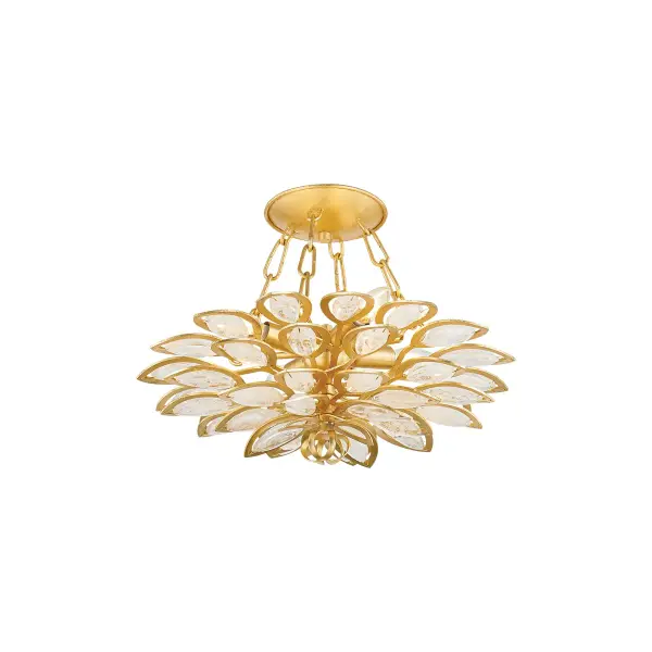 The Vittoria brings sparkling elegance to spaces with lower ceilings. Hand-cut Craquelle Crystal tiers create dramatic texture and light play within a Gold Leaf framework. Perfect for adding glamour without sacrificing headroom.