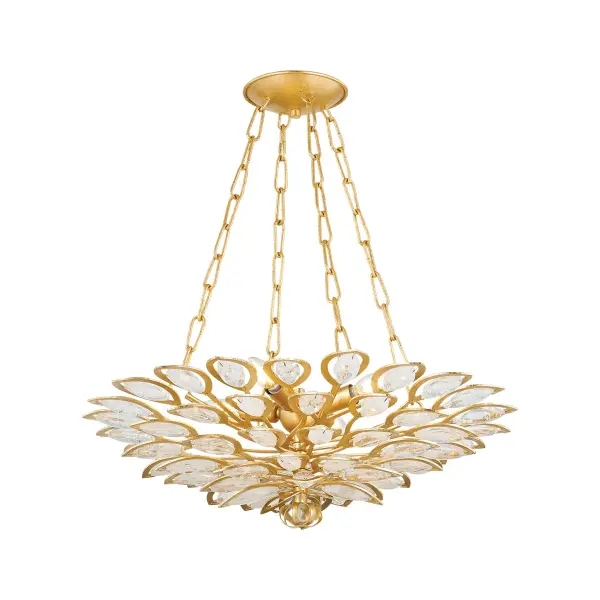 The Vittoria chandelier showcases elegant tiers of hand-cut Craquelle Crystal suspended in a Gold Leaf framework. Its peacock-inspired silhouette creates stunning light interplay while adding sparkling luxury to any space.