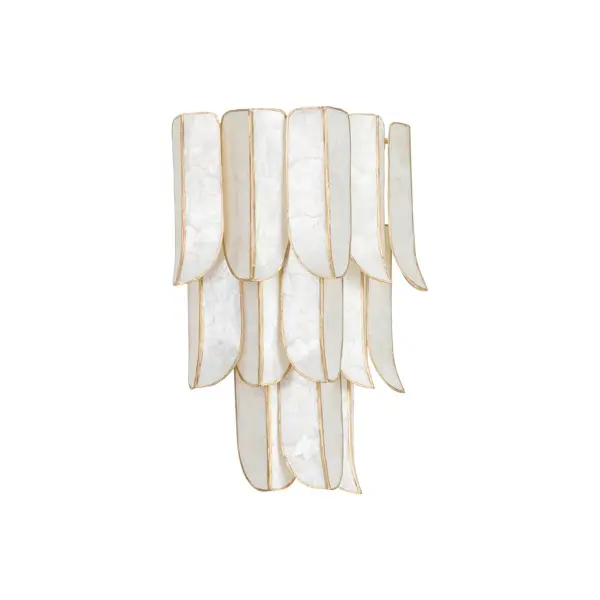 The Cartagena sconce delivers glamorous drama with its tiered Capiz shell panels and Vintage Gold Leaf finish. Each piece is unique due to the natural shell material, creating a statement lighting element that works beautifully in both residential and hospitality settings.
