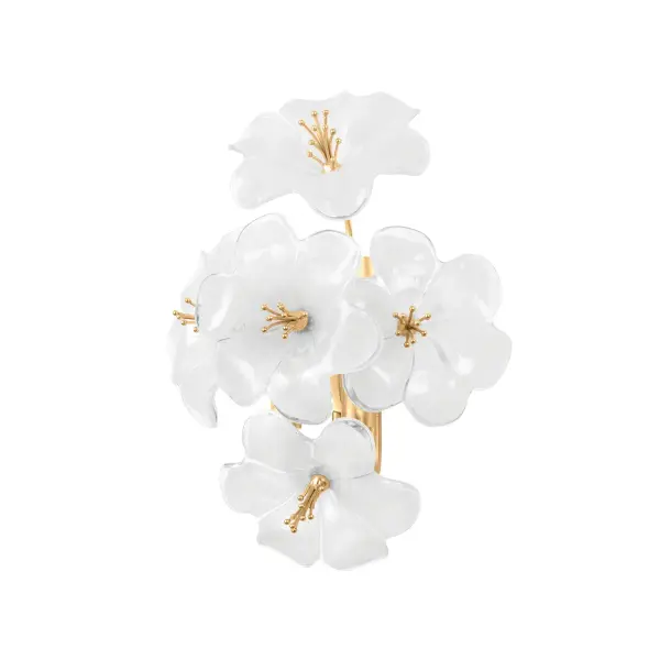 The Hygea wall sconce brings organic beauty to modern spaces with its cloud-like arrangement of white glass flowers on gold leaf stems. Compact yet impactful, it provides soft, diffused lighting perfect for intimate settings.