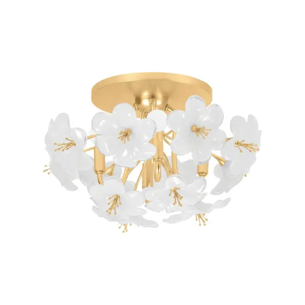 The Hygea flush mount features a distinctive cloud-like arrangement of white glass flowers on gold leaf stems, creating an airy, sculptural presence. Its low-profile design and bright diffused light make it ideal for spaces with standard ceiling heights.