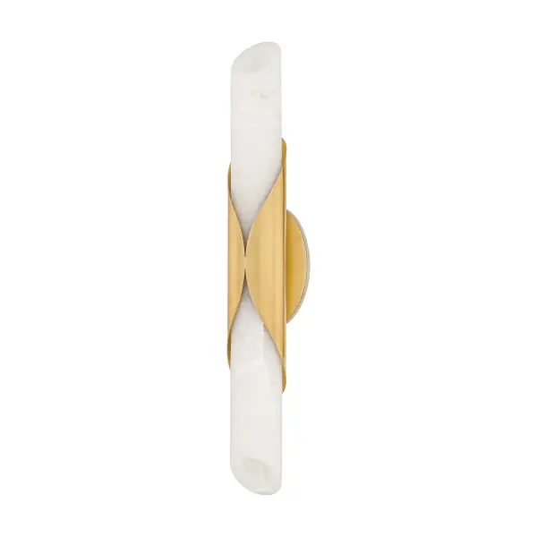 The Camilla wall sconce beautifully merges natural stone with polished brass in a sophisticated vertical design. Its translucent alabaster tube wrapped by leaf-like brass forms creates warm, ambient lighting perfect for intimate spaces.