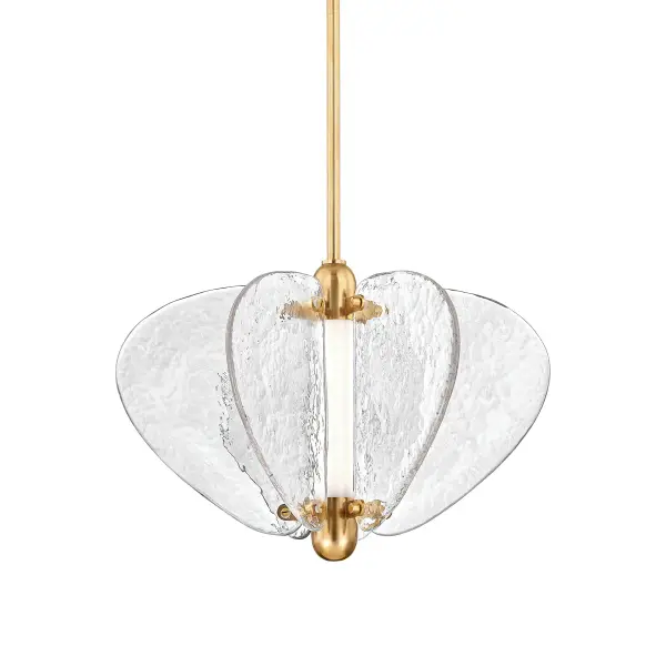 The Freya pendant combines artisanal glass craftsmanship with modern LED efficiency. Its distinctive ice-blade design and vintage brass framework create dramatic visual interest while providing warm, energy-efficient illumination.