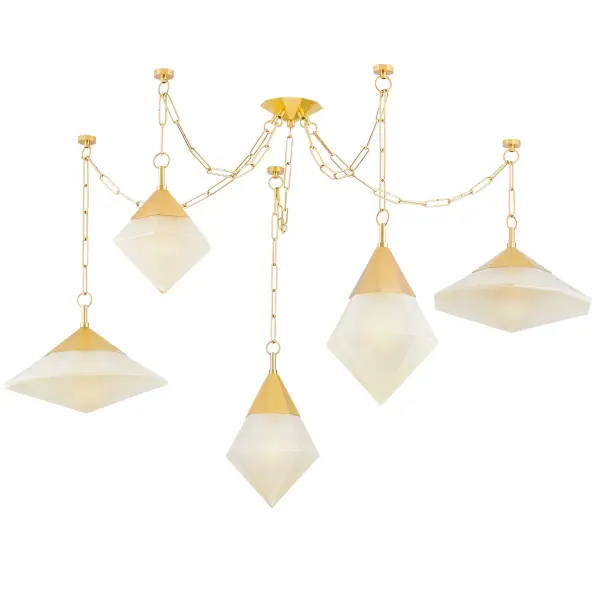 The Angelique chandelier makes a bold statement with five geometric glass pendants suspended at varying heights. Hand-blown champagne seeded glass creates a sparkling, diamond-inspired effect that transforms when lit.