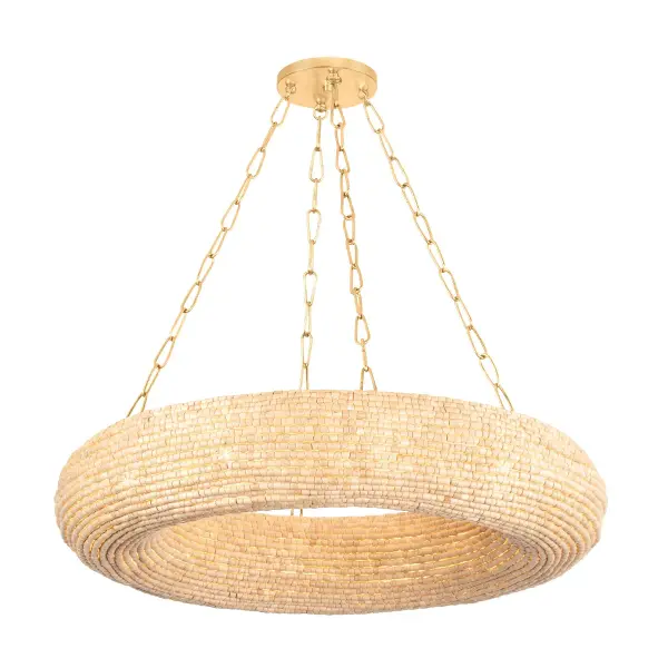 This stunning 36-inch chandelier brings tropical sophistication to any space with hundreds of handmade wood beads in warm sand tones. The vintage gold leaf chains add luxe contrast to the organic texture, creating a statement piece that works beautifully in coastal, transitional, and organic modern interiors.