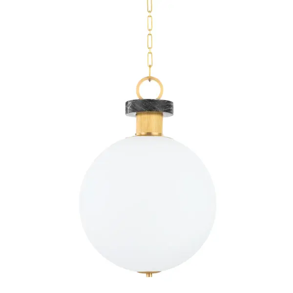 The Haru pendant elevates the classic globe design with luxurious marble detailing and precision metalwork. Its 18-inch diameter provides substantial presence while the opal etched glass creates soft, diffused light perfect for dining and living spaces.
