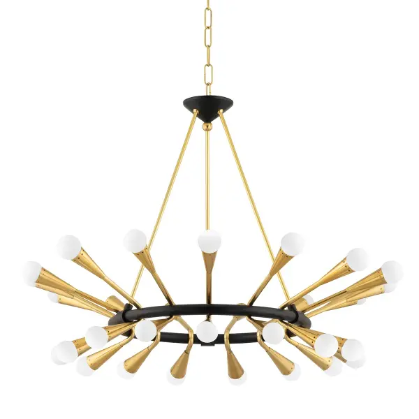 The Aries chandelier makes a bold architectural statement with 30 conical arms radiating from a central ring. Designed by Martyn Lawrence Bullard, it combines vintage polished brass with black brass accents and opal glass globes for sophisticated drama.