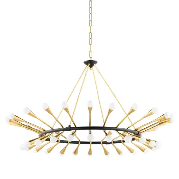 The Aries chandelier commands attention with 48 opal glass globes radiating from a sculptural brass framework. Genuine vintage polished brass arms contrast beautifully with the black brass ring, creating a luxurious two-tone effect that elevates any grand space.