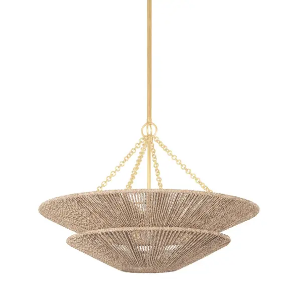 The Tropea pendant masterfully balances organic texture with refined metalwork. Two tiers of hand-woven abaca rope create visual interest while maintaining an airy, open feel. The Vintage Gold Leaf finish adds warmth without overwhelming.