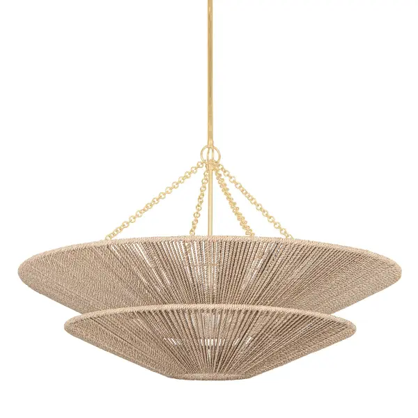 The Tropea chandelier masterfully balances refined elegance with organic texture through its two-tier abaca rope design. The 40-inch scale makes a commanding presence while the open, airy construction and soft gold leaf finish prevent visual heaviness.